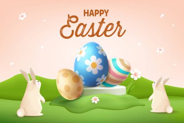 Tatlı Tavşanlar ve Renkli Yumurtalarla Mutlu Paskalya Kutlamaları. Bahar Satış Konsepti E-ticaret Satışı, Selamlar, Poster, Bayrak.