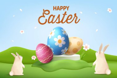 Tatlı Tavşanlar ve Renkli Yumurtalarla Mutlu Paskalya Kutlamaları. Bahar Satış Konsepti E-ticaret Satışı, Selamlar, Poster,