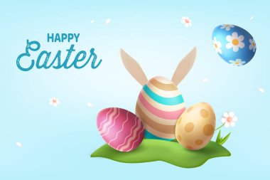 Mavi Arkaplanda Renkli Yumurtalarla Mutlu Paskalya Kutlamaları. Bahar Satış Konsepti E-ticaret Satışı, Selamlar, Poster, Bayrak.