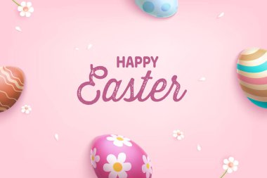 Pastel Pembe Arkaplanda Renkli Yumurtalarla Mutlu Paskalya Kutlamaları. Bahar Satış Konsepti E-ticaret Satışı, Selamlar, Poster, Bayrak.