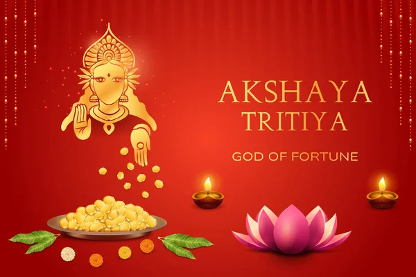 Tanrıça Lakshmi, Kırmızı Arkaplanda Altın Paralarla Dolu Şans Tabağı. Akshaya Tritiya Festivali Kutlama Vektörü İllüstrasyonu E-ticaret, Bayram Satışı Etkisi.