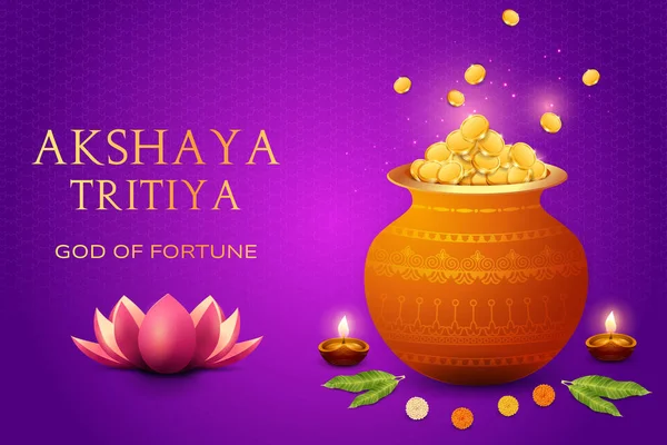 Akshaya Tritiya Festivali Sancak Kutlaması Mor Arkaplanda Altın Altın Paralarla Dolu. Vector Illustartion için Hint Festivali Büyük Mücevher Satışı E-ticaret, Festive Satış Etc.