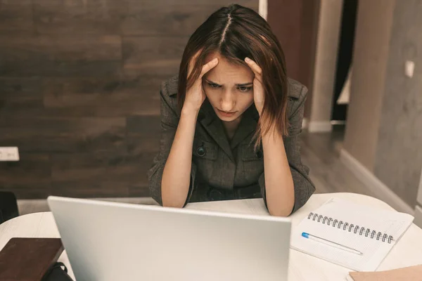 Young Girl Working Home Laptop Work Home Headache Girl Holding — Stock Photo, Image