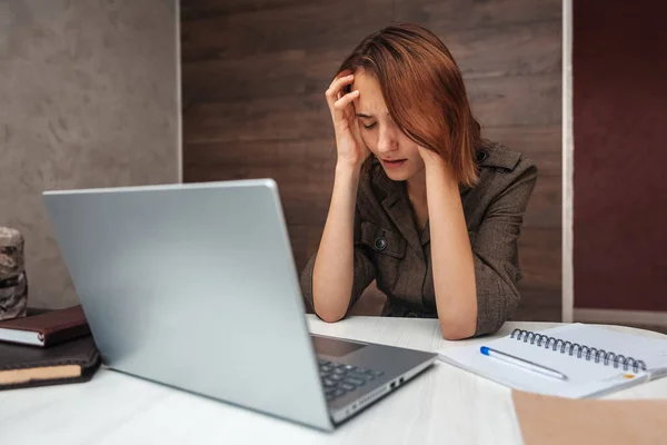 Young Girl Sitting Home Laptop Work Home Headache Girl Holding — Stock Photo, Image