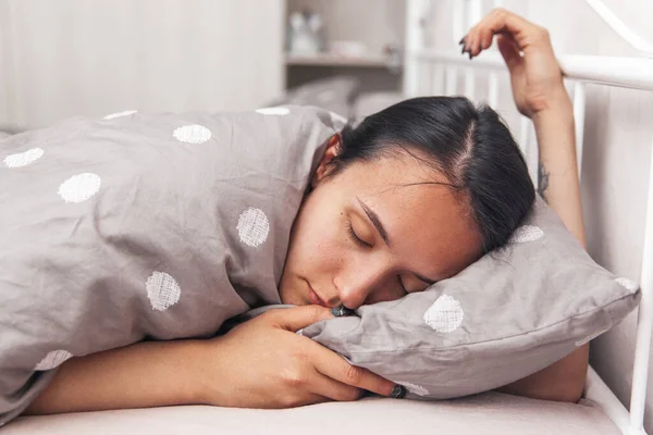 Young Beautiful Woman Sleeping Her Bed Portred Sleeping Girl Close — Stock Photo, Image