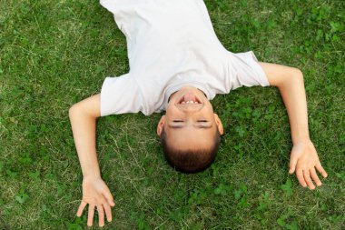Young cheerful boy lies on the grass and shows his tongue