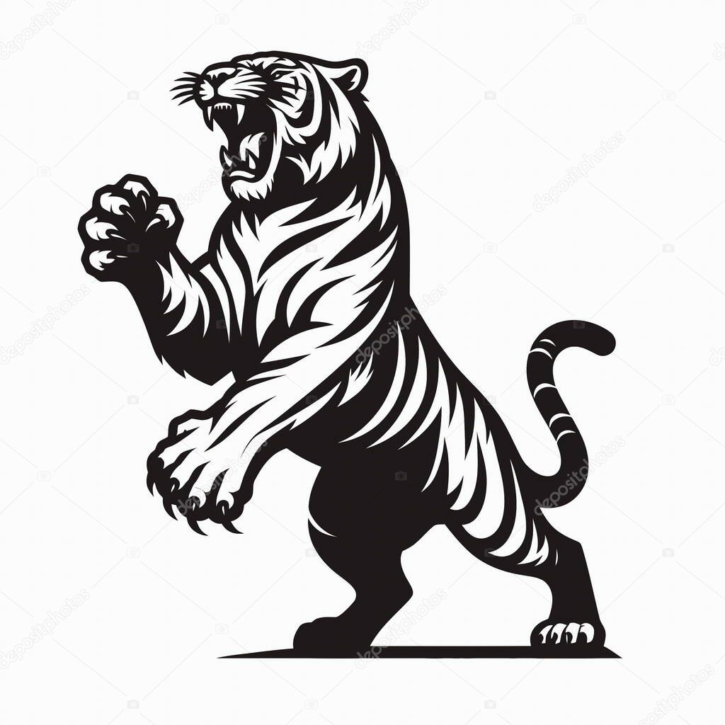 A Roaring Tiger Full Body Standing Pose in side view, illustrated as a national emblem in simple black and white. Features bold lines and dynamic posture symbolizing power, courage, and pride.