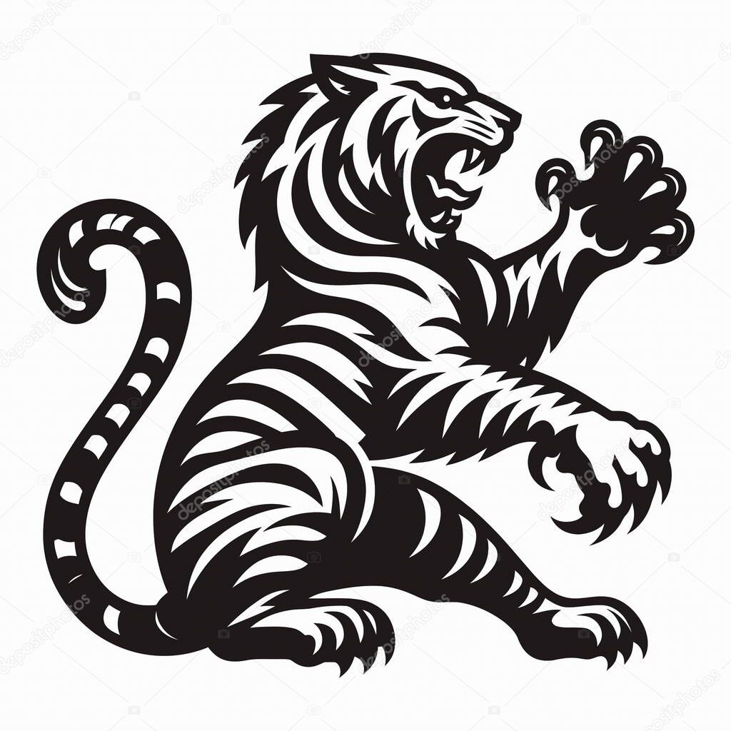 A Roaring Tiger Full Body Standing Pose in side view, illustrated as a national emblem in simple black and white. Features bold lines and dynamic posture symbolizing power, courage, and pride.