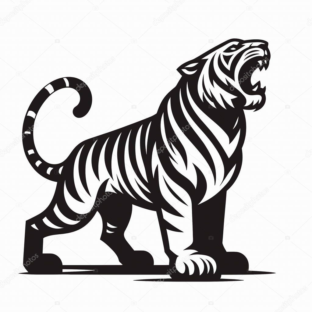 A Roaring Tiger Full Body Standing Pose in side view, illustrated as a national emblem in simple black and white. Features bold lines and dynamic posture symbolizing power, courage, and pride.