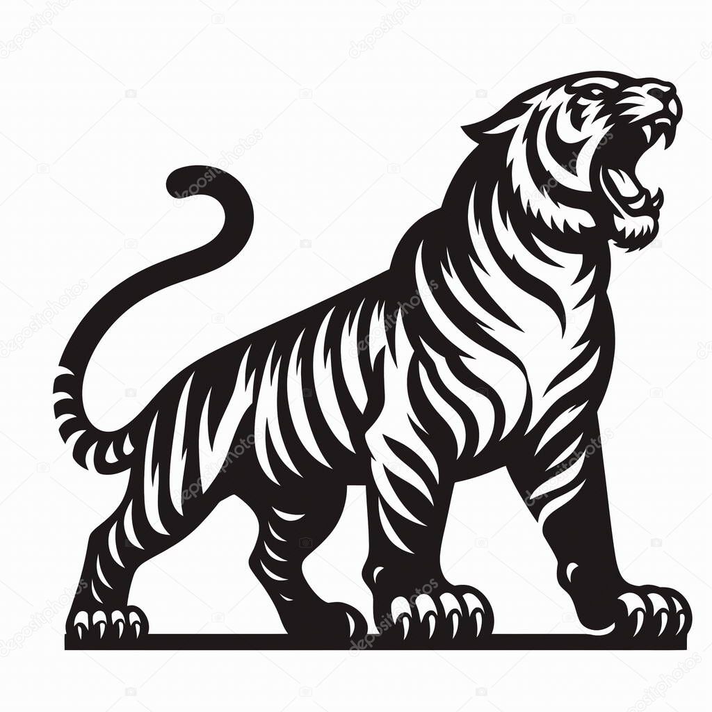 A Roaring Tiger Full Body Standing Pose in side view, illustrated as a national emblem in simple black and white. Features bold lines and dynamic posture symbolizing power, courage, and pride.