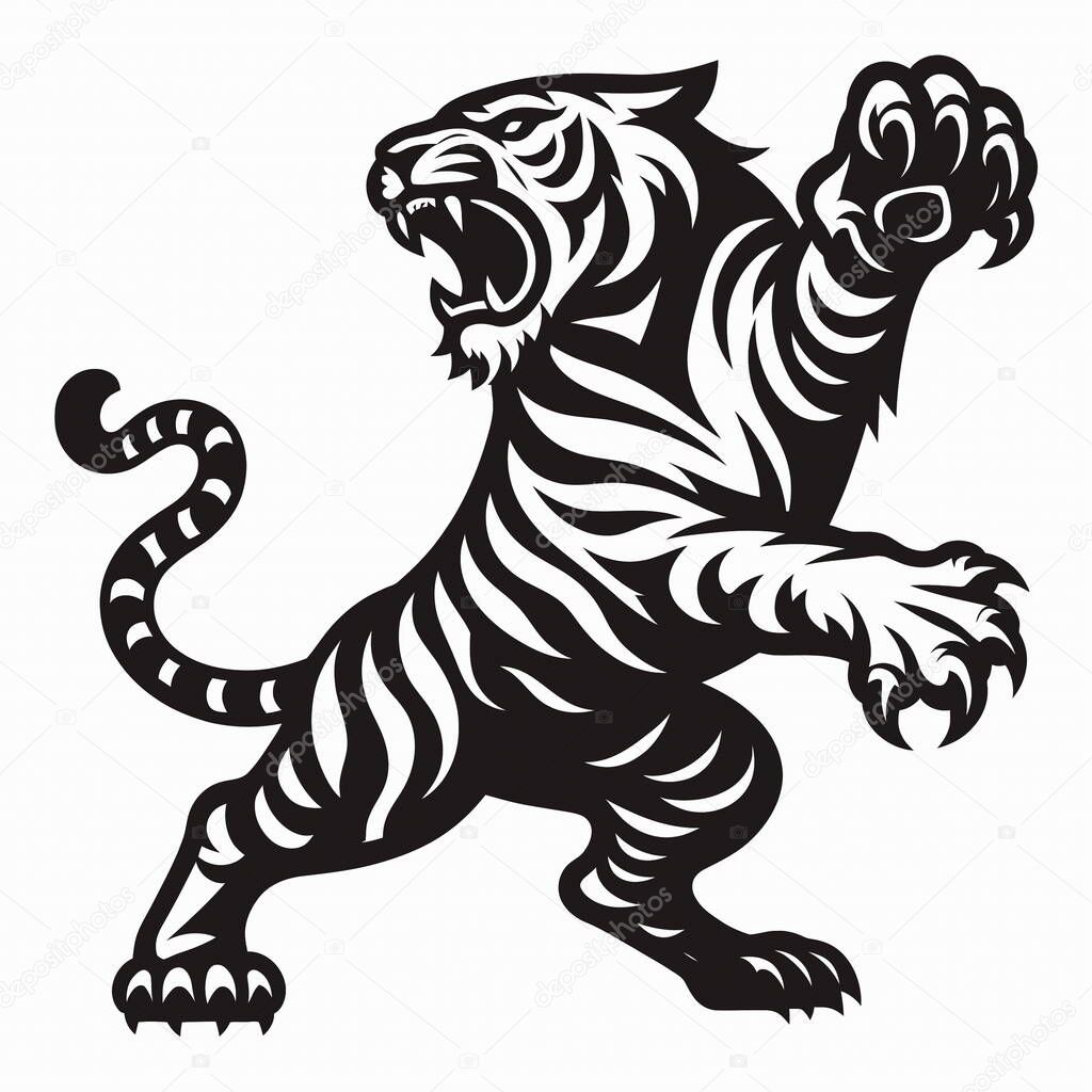 A Roaring Tiger Full Body Standing Pose in side view, illustrated as a national emblem in simple black and white. Features bold lines and dynamic posture symbolizing power, courage, and pride.