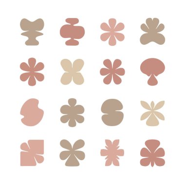 Sıcak renklerde çeşitli soyut şekiller ızgara biçiminde düzenlenir. Bu sanat eseri tasarım ilhamı, ev dekorasyonu veya markalaşma unsurları için kullanılabilir..