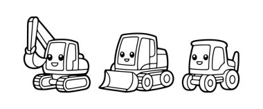 Bir kazıcı, bir buldozer ve gülen yüzlü bir traktörün yer aldığı üç neşeli çizgi film inşaat aracı sıraya dizildi. Neşeli tasarım çocuklara hitap ediyor..
