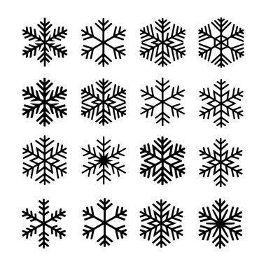 Çeşitli kar taneleri tasarımları düzenli olarak bir ızgaraya dizilir. Her bir kar tanesi, karmaşık yapılarını ve simetrisini vurgulayan eşsiz desenlere sahiptir..