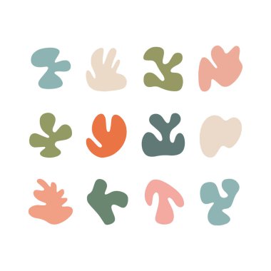 Bir ızgara düzeninde çeşitli renkli soyut şekiller sunulmaktadır. Yumuşak pastel ve zengin tonlardaki eşsiz formlar, iç tasarım ilham kaynağı için ideal, neşeli ama modern bir görünüm yaratıyor..