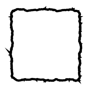 Sivri uçlu dikenli telden yapılmış kare bir çerçeve cesur bir taslak oluşturur. Grafik tasarımı, sanat projeleri veya sembolik gösterimler için kullanılabilir. Keskin kenarlar, boş alanla tezat oluşturuyor..
