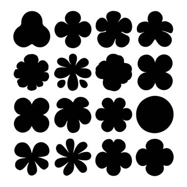 Çeşitli siyah çiçek ve daire şekilleri beyaz arka planda bir ızgarayı doldurur. Bu basit, cesur şekiller görsel ilgiyi artırmak için grafik tasarım veya zanaat projelerinde kullanılabilir..