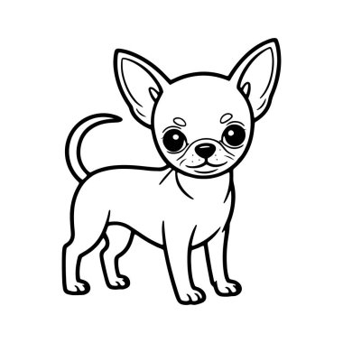 Küçük bir chihuahua köpeği mutlu bir ifadeyle ayakta duruyor. Çizim, köpeğin özelliklerini ve oyuncu doğasını vurgulayarak ana hatlarıyla yapılır..