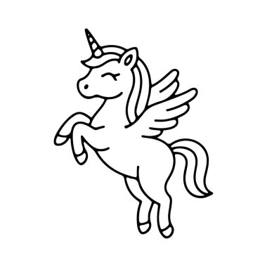 Oyuncu bir tek boynuzlu at arka ayakları üzerinde duruyor, kanatlarını ve neşeli ifadesini sergiliyor. Bu yaratıcı tasarım çocuk projeleri ve sanat eserleri için mükemmel..