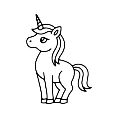 Neşeli bir tek boynuzlu at gururla durur parıltılı boynuzu ve dalgalı yelesi ile. Bu tuhaf yaratık çizimler, boyama kitapları veya çocuk aktiviteleri için idealdir..