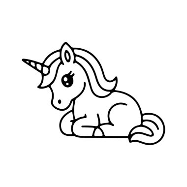 Çekici, oyuncu bir tek boynuzlu at yumuşak bir ifadeyle yerde yatıyor. Bu çizgi film yaratığında sarmal bir boynuz, dalgalı yeleler ve sihirli bir his uyandıran rahat bir duruş var..