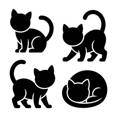 Birkaç siyah kedi silueti, sanat ve tasarım projeleri için ideal olan oyuncu ve rahat doğalarını vurgulayarak farklı pozlar ve tutumlar sergiliyor..