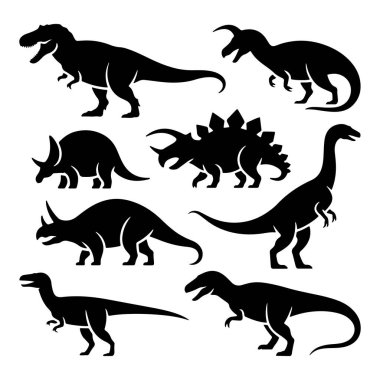 Çeşitli dinozor siluetleri, özgün şekillerini ve özelliklerini düz bir arkaplanda sergilerler. Bu koleksiyon onların çeşitliliğini biçim ve boyut olarak vurgular.