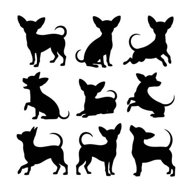Chihuahua 'nın siluetleri farklı, neşeli ve enerjik karakterlerini vurguluyor. Siyah tasarımlar hafif bir arkaplanda göze çarpıyor.