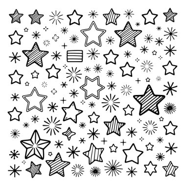 Canlı bir arka plan farklı boyutlarda ve stillerde çeşitli yıldız şekilleri içerir ve el sanatları, dekorasyon veya eğitim faaliyetleri için uygun çekici bir görsel etki yaratır..