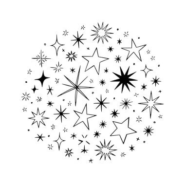 Farklı boyutlarda çoklu yıldız şekilleri ve tasarımlar alanı doldurarak yaratıcı projeler ve arka planlar için büyüleyici bir gökyüzü grafiği oluşturur..