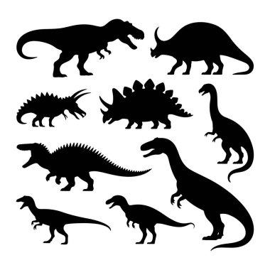Bir dinozor silueti koleksiyonu T-Rex, Triceratops ve Stegosaurus gibi tanınmış türlere sahiptir. Her figür farklı şekil ve boyutlarda, çarpıcı bir görsel yaratıyor..