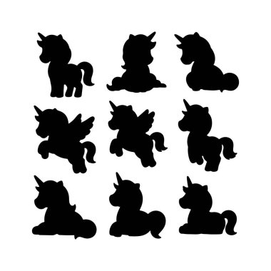 Bu tasarım farklı oyuncu pozlar veren çeşitli tek boynuzlu at siluetlerini içerir. Bu şekiller el sanatları, sanat eserleri veya temalı etkinlikler ve partiler için idealdir..