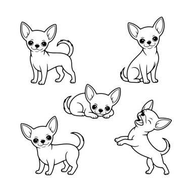 Beş sevimli chihuahua çeşitli eğlenceli pozlarda gösteriliyor, renklendirme faaliyetleri için mükemmel. Her köpeğin kendine has bir duruşu var, sevimli yüz hatlarını sergiliyor..