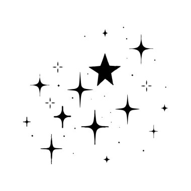 Karanlık bir gece gökyüzünde parlayan çeşitli yıldızlardan oluşan bir küme, merak ve güzellik duygusunu çağrıştıran farklı boyut ve şekiller sergiliyor..