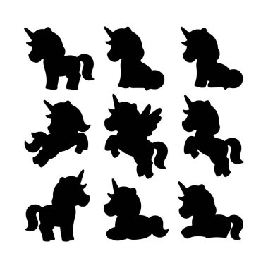 Dokuz tek boynuzlu at silueti arka planda çeşitli eğlenceli pozlarda sergilenir. Bu büyüleyici figürler yaratıcılığa ve hayal gücüne ilham veriyor, onları sanatsal projeler için ideal hale getiriyor..