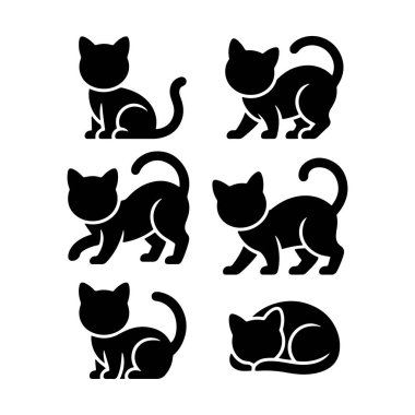 Altı siyah kedinin siluetleri çeşitli pozisyonlarda poz veriyor, neşeli ve rahat duruşlar sergiliyorlar. Her kedinin kendine has duruşu ve stili vardır..