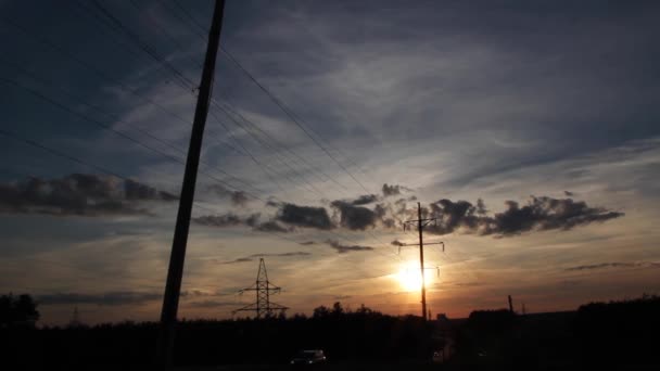 Power lines. The evening of the pylon outline — Stock Video