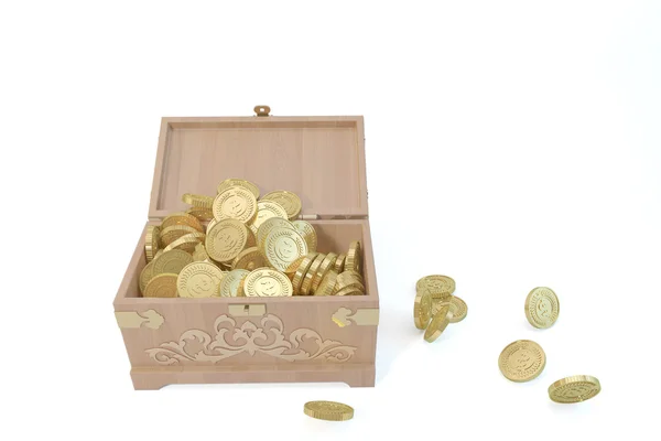 Houten kist met Cataclysm Database en gouden munten — Stockfoto