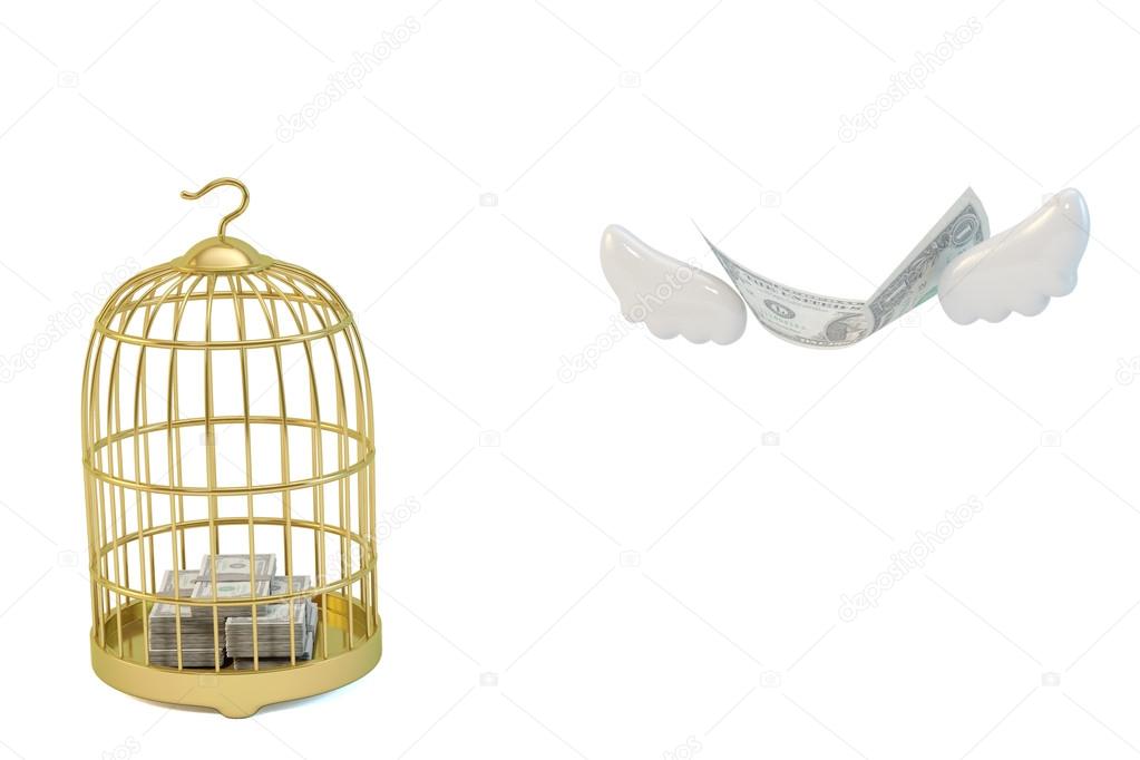 Gold birdcage and gollars fly away