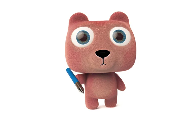 Urso de desenho animado bonito segurando uma caneta esferográfica — Fotografia de Stock