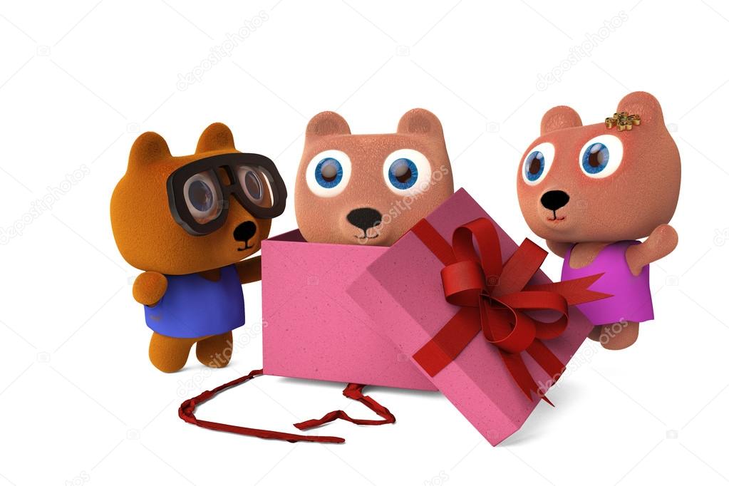 Papa Bear And Mama Opened Gift Boxes See Baby Bear3D Rend Papa Bear And Mama Opened Gift Boxes See Baby Bear3D Rend