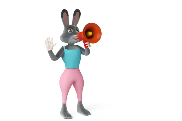 Un lapin de dessin animé tenant un mégaphone. Illustration 3D . — Photo