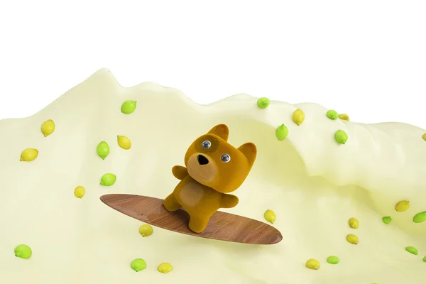 A cartoon dog in Lemon ocean surfing, 3D illustration. — Stock Photo, Image