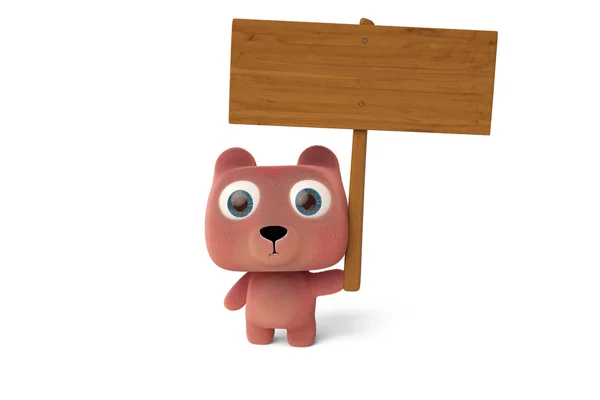 Um urso de desenho animado segurando um sinal de madeira, ilustração 3D . — Fotografia de Stock