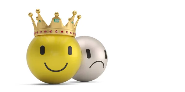 Großes Emoticon Mit Goldener Krone Isoliert Auf Weißem Hintergrund Rendering — Stockfoto