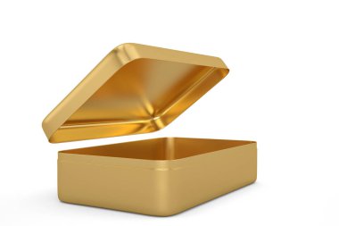Beyaz arka planda izole edilmiş, 3 boyutlu altın metal kutu. 3B illüstrasyon.