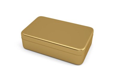 Beyaz arka planda izole edilmiş, 3 boyutlu altın metal kutu. 3B illüstrasyon.
