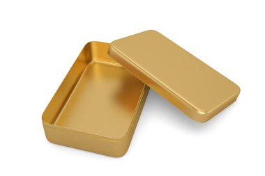 Beyaz arka planda izole edilmiş, 3 boyutlu altın metal kutu. 3B illüstrasyon.