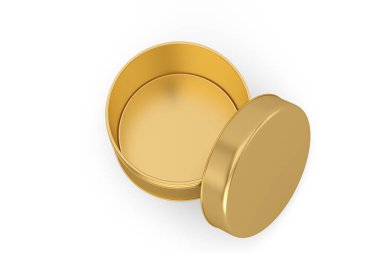 Beyaz arka planda izole edilmiş altın yuvarlak metal kutu, 3 boyutlu. 3B illüstrasyon.