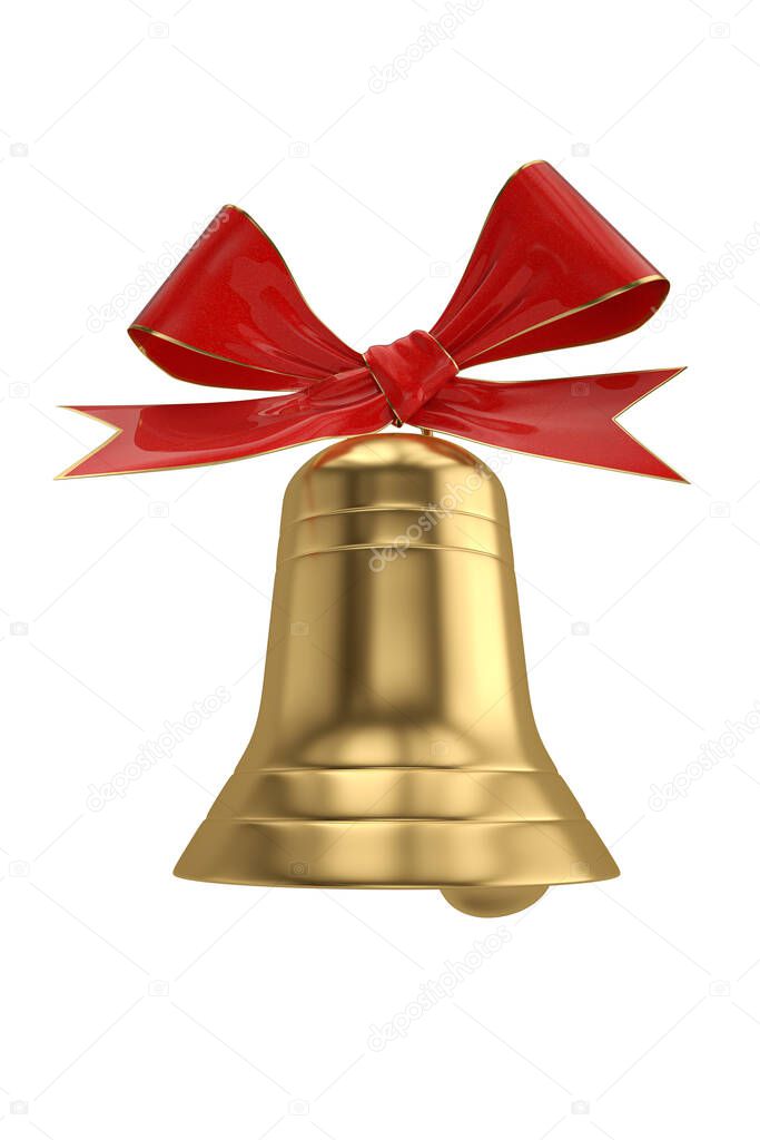 Gold jingle bell with ribbon  isolated on white background. 3D illustration.